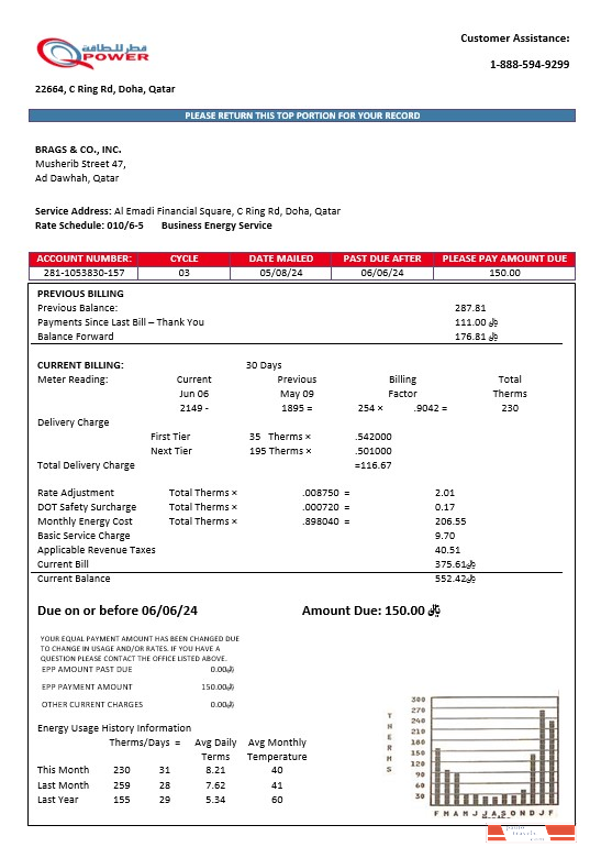 Qatar Power Company electricity business utility bill template in Word and PDF formats
